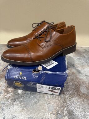 Stafford Cognac Brown Cap-Toe Derby Dress Shoes